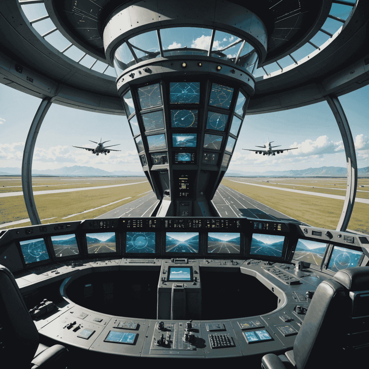 Futuristic aerodrome control tower with holographic displays and automated systems