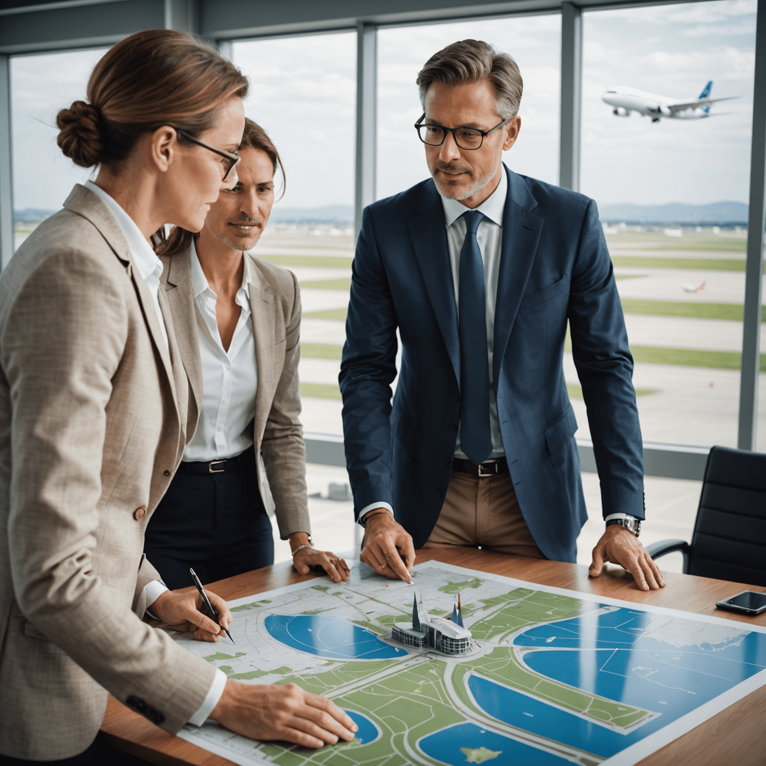 A professional investment advisor discussing aerodrome investment strategies with clients, surrounded by charts and models of airport infrastructure