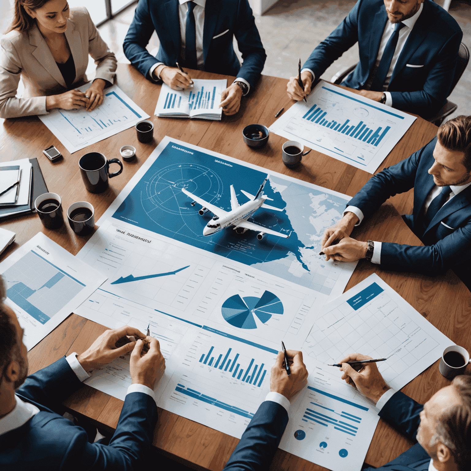 A professional team discussing aviation investment strategies around a table with charts and airplane models