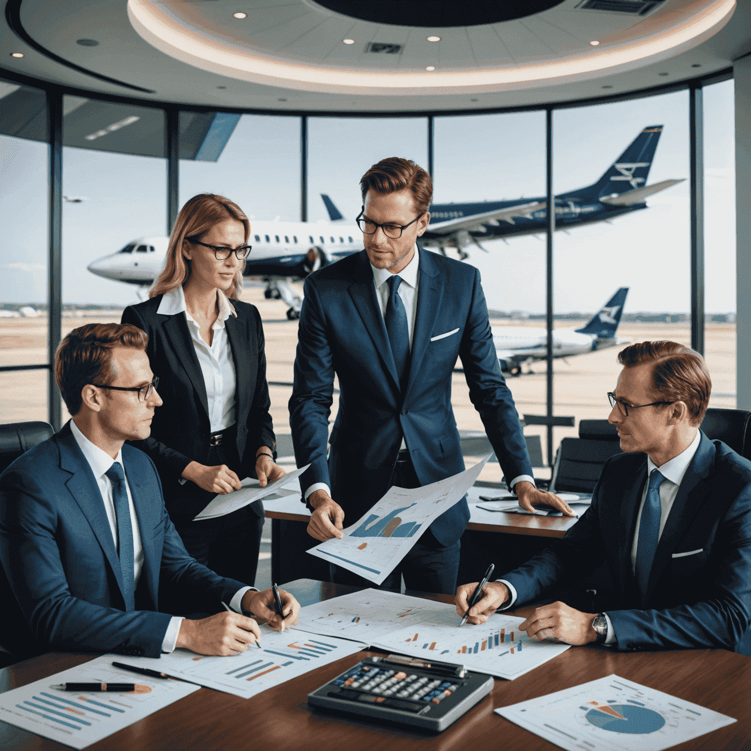 A professional financial planner discussing strategies with aerodrome operators and airline executives. The image shows a modern office setting with aviation-themed decor, charts, and graphs related to financial planning in the background.