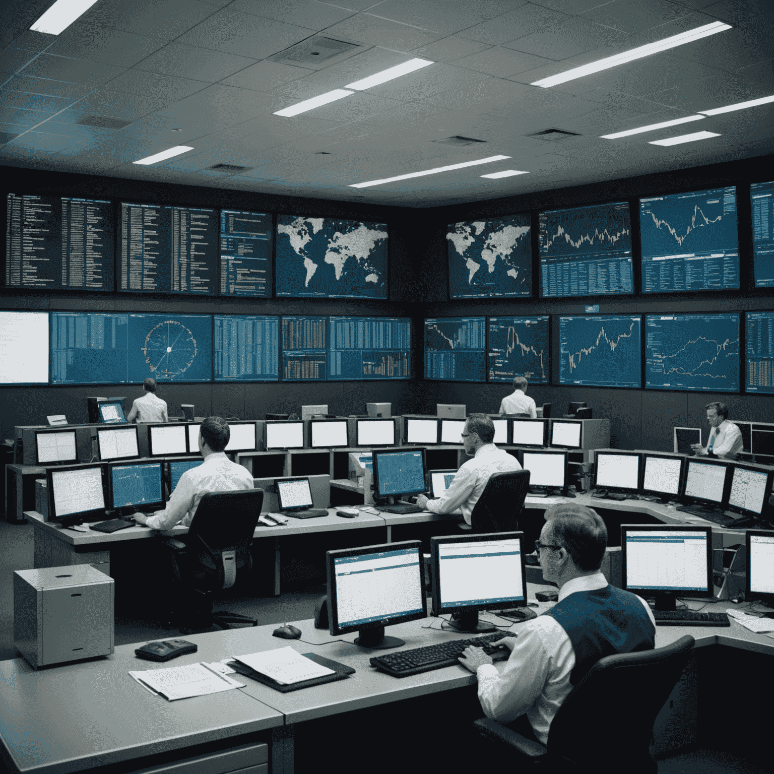 A professional team analyzing risk factors in an airport control room, with screens displaying various data points and risk assessment models