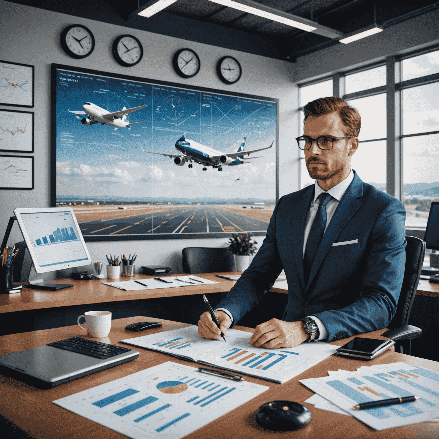 A professional consultant analyzing financial charts and graphs related to aerodrome operations. The image shows a modern office setting with aviation-themed decor.