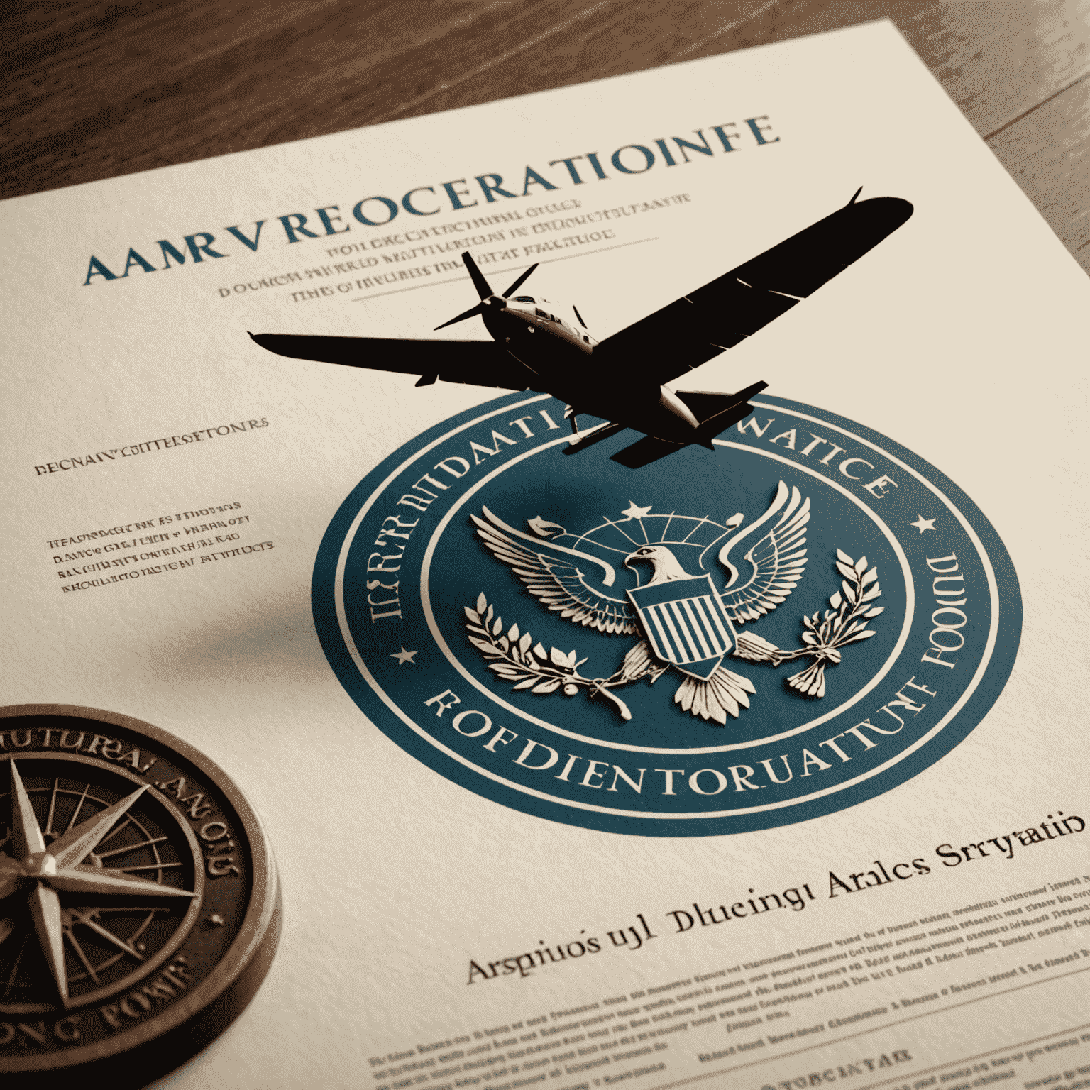 Document with official seal and aerodrome silhouette, representing new regulations in aerodrome financing