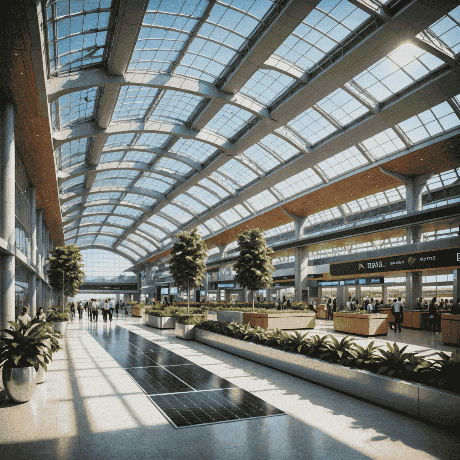 A modern, eco-friendly airport terminal with solar panels and green spaces