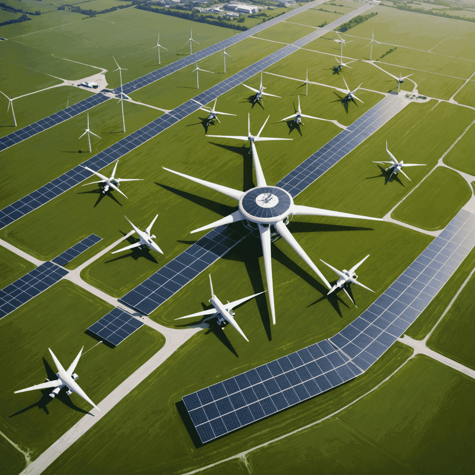 Aerial view of an aerodrome with visible green energy installations such as solar panels and wind turbines