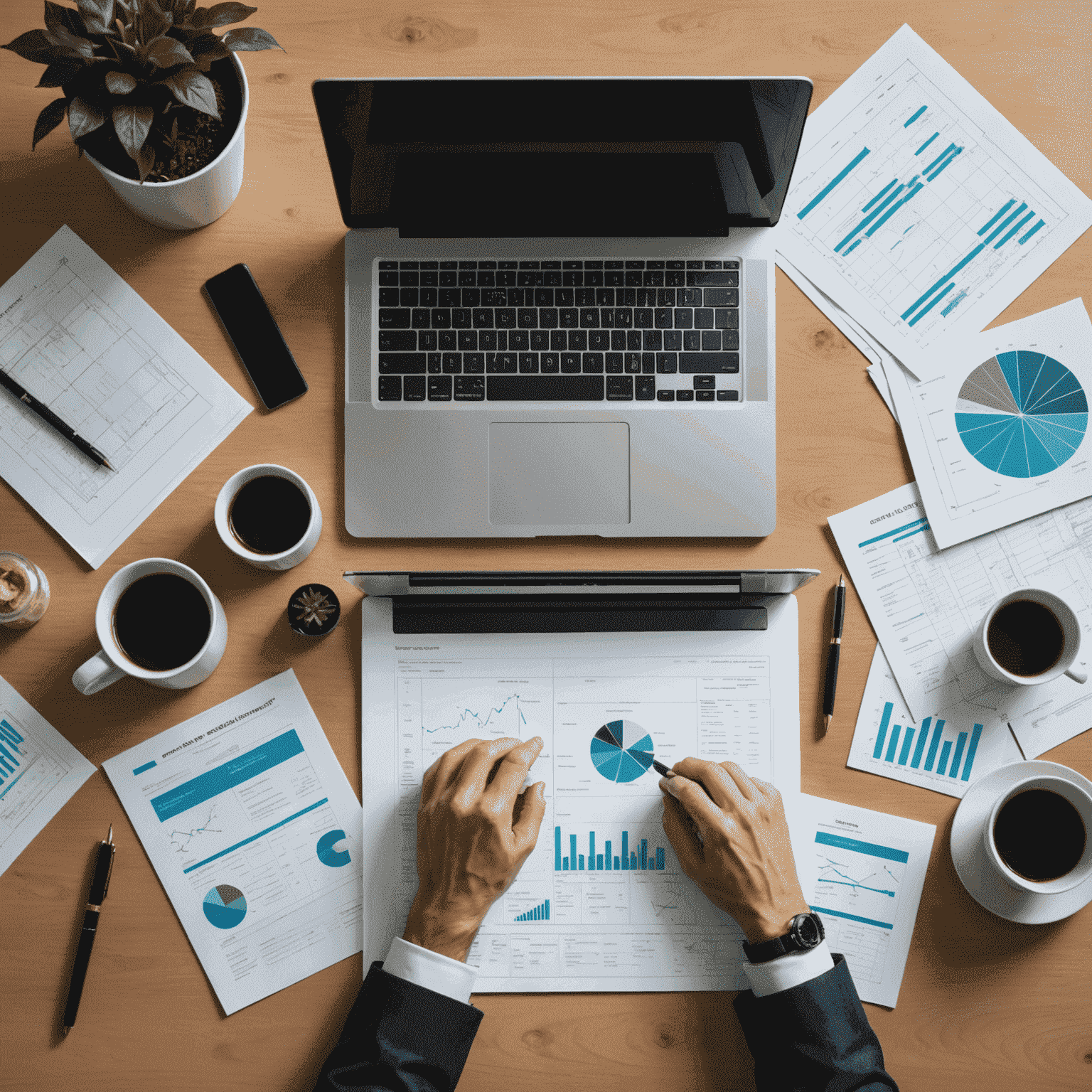 A financial planner working on a laptop, with aerodrome blueprints and financial reports spread across the desk