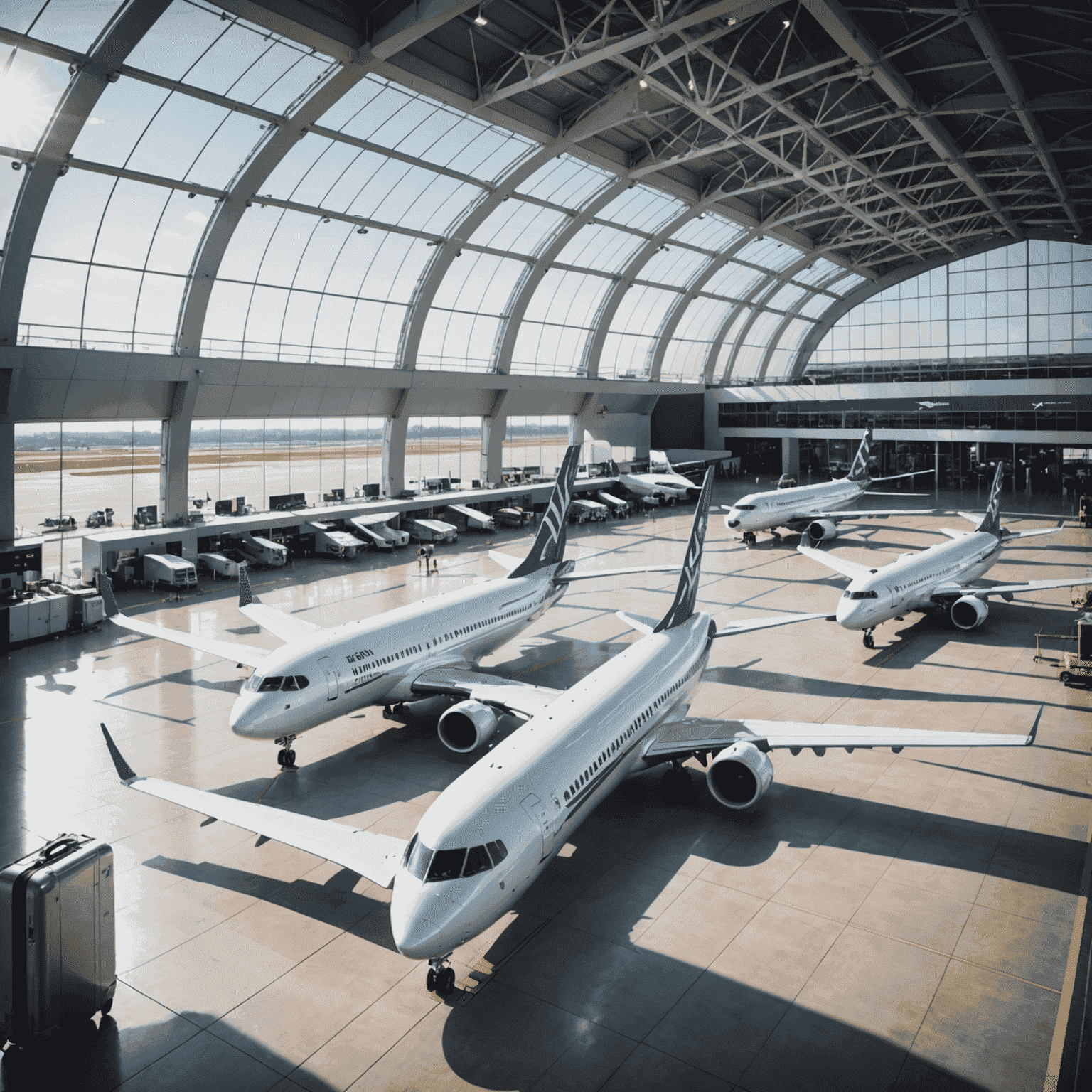 A modern airport terminal with planes taking off, symbolizing growth and investment in aviation infrastructure