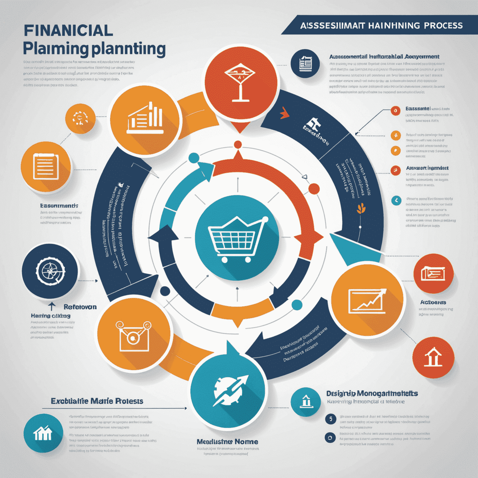 An infographic illustrating the four steps of our financial planning process: Assessment, Strategy Development, Implementation, and Monitoring and Adjustment. The image uses icons and arrows to show the cyclical nature of the process, with aviation-themed elements integrated into the design.