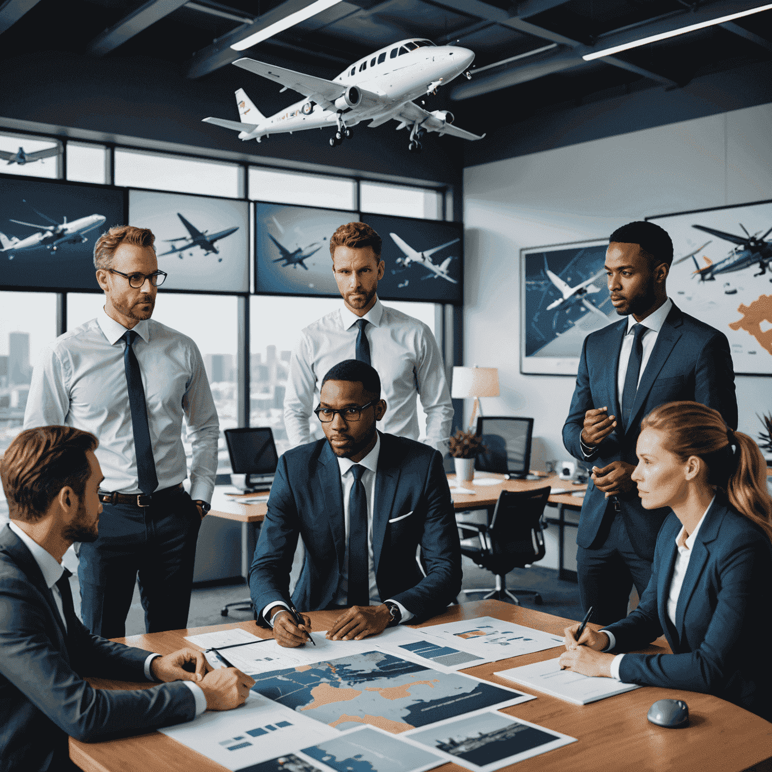 A diverse team of professionals discussing risk mitigation strategies in a modern office setting, with aviation-themed artwork and models in the background