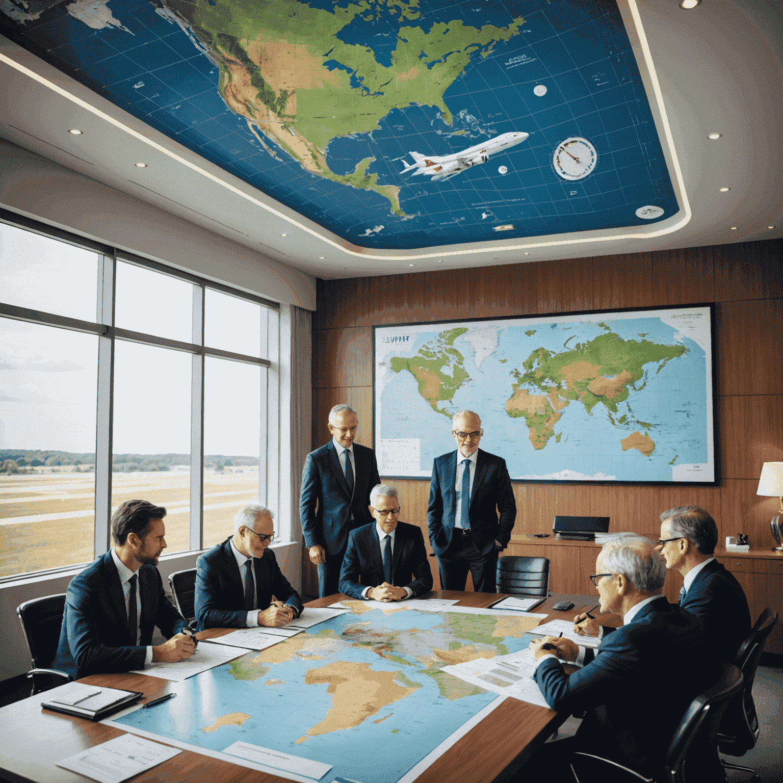 A team of consultants working on a large strategic plan for an aerodrome. The image shows a boardroom with aviation maps and financial projections displayed.