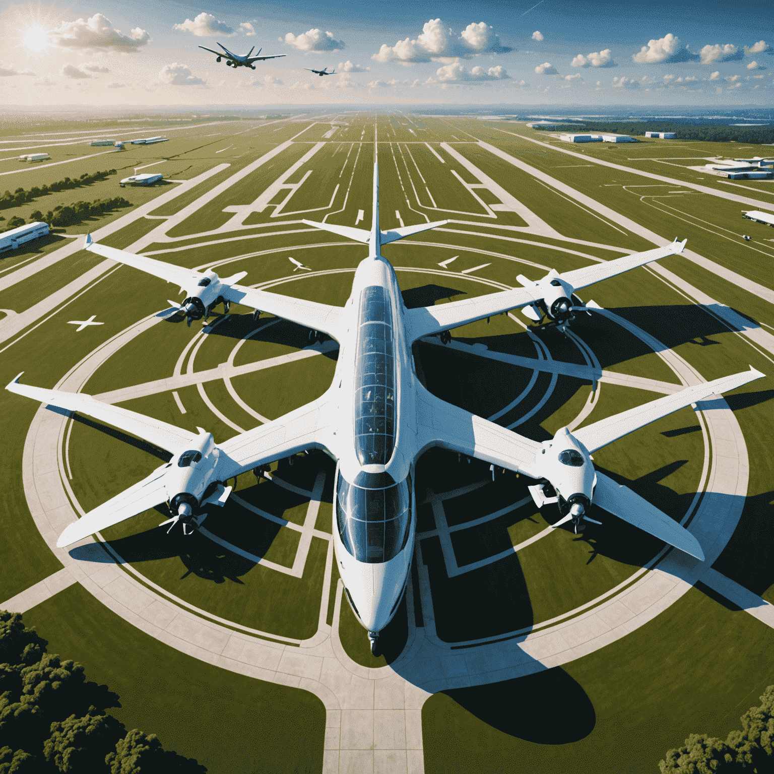 Futuristic aerodrome with advanced technology symbols, representing innovations in aerodrome finance and operations