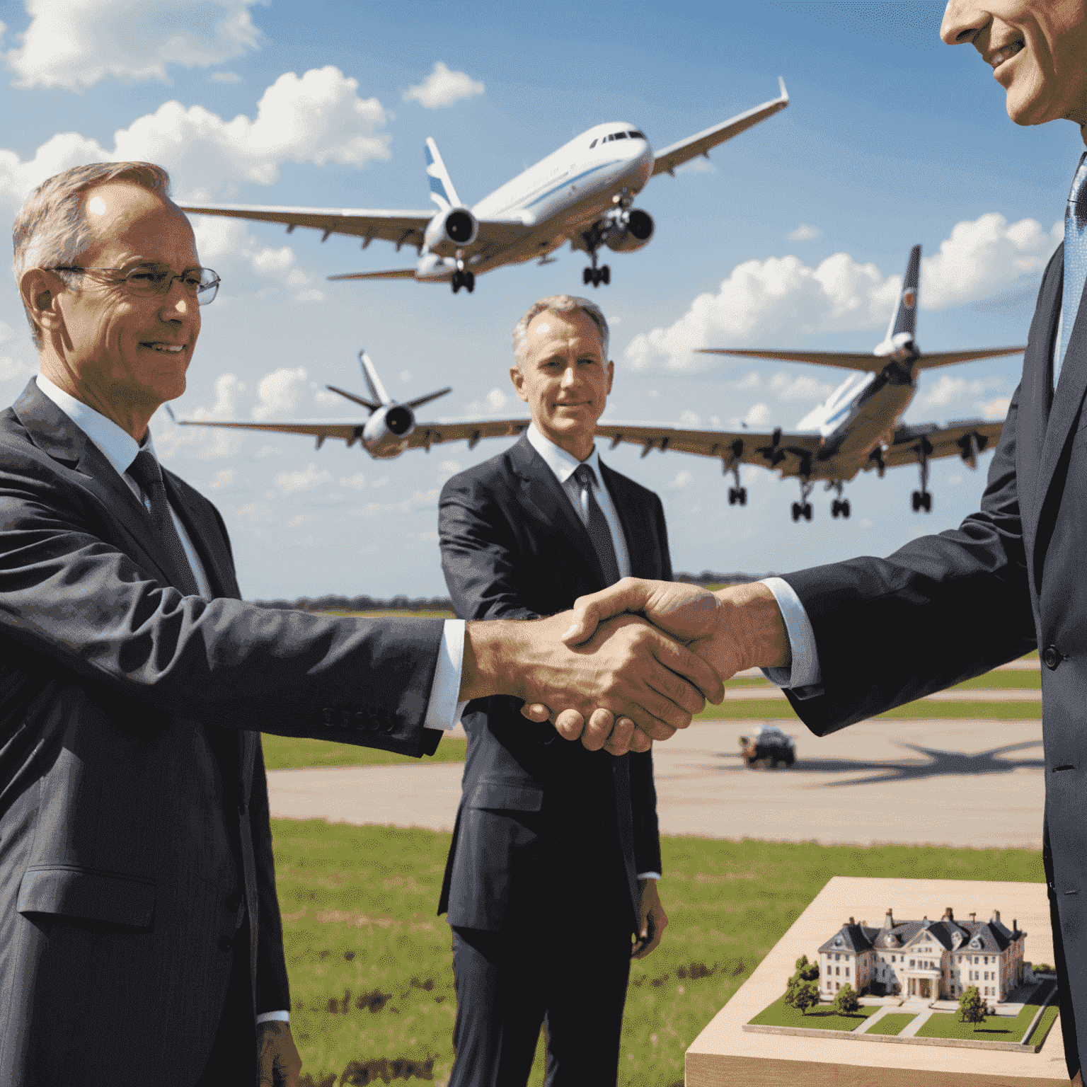 Handshake between government official and private investor with aerodrome model in the background