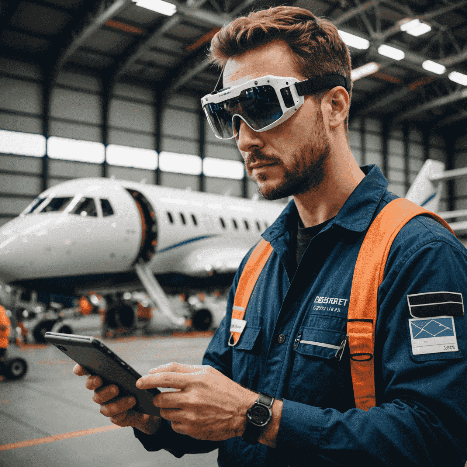 Ground crew member using AR glasses for aircraft maintenance, with digital overlays showing maintenance procedures