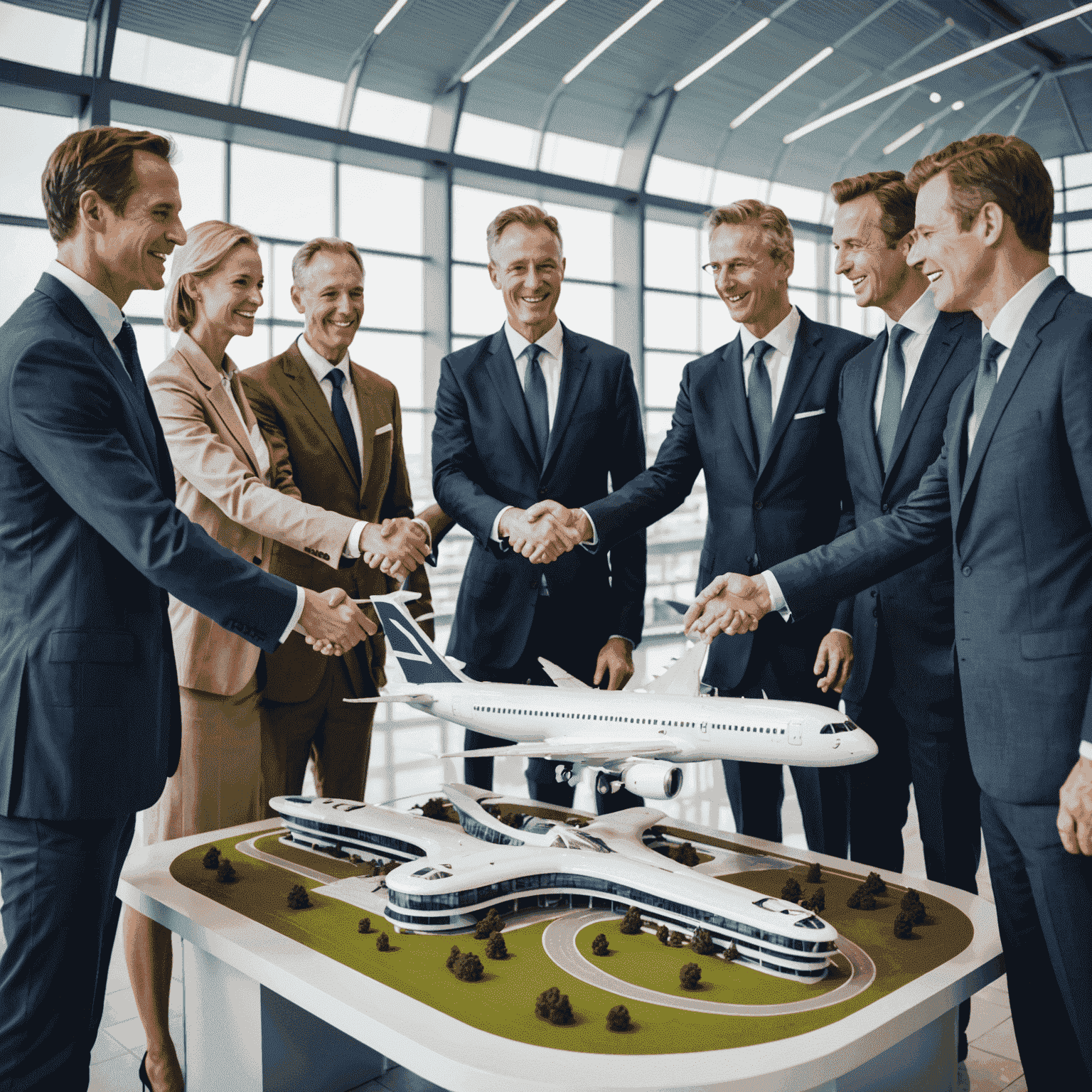 A group of investors and aerodrome officials shaking hands over a model of a new airport terminal, symbolizing successful funding acquisition