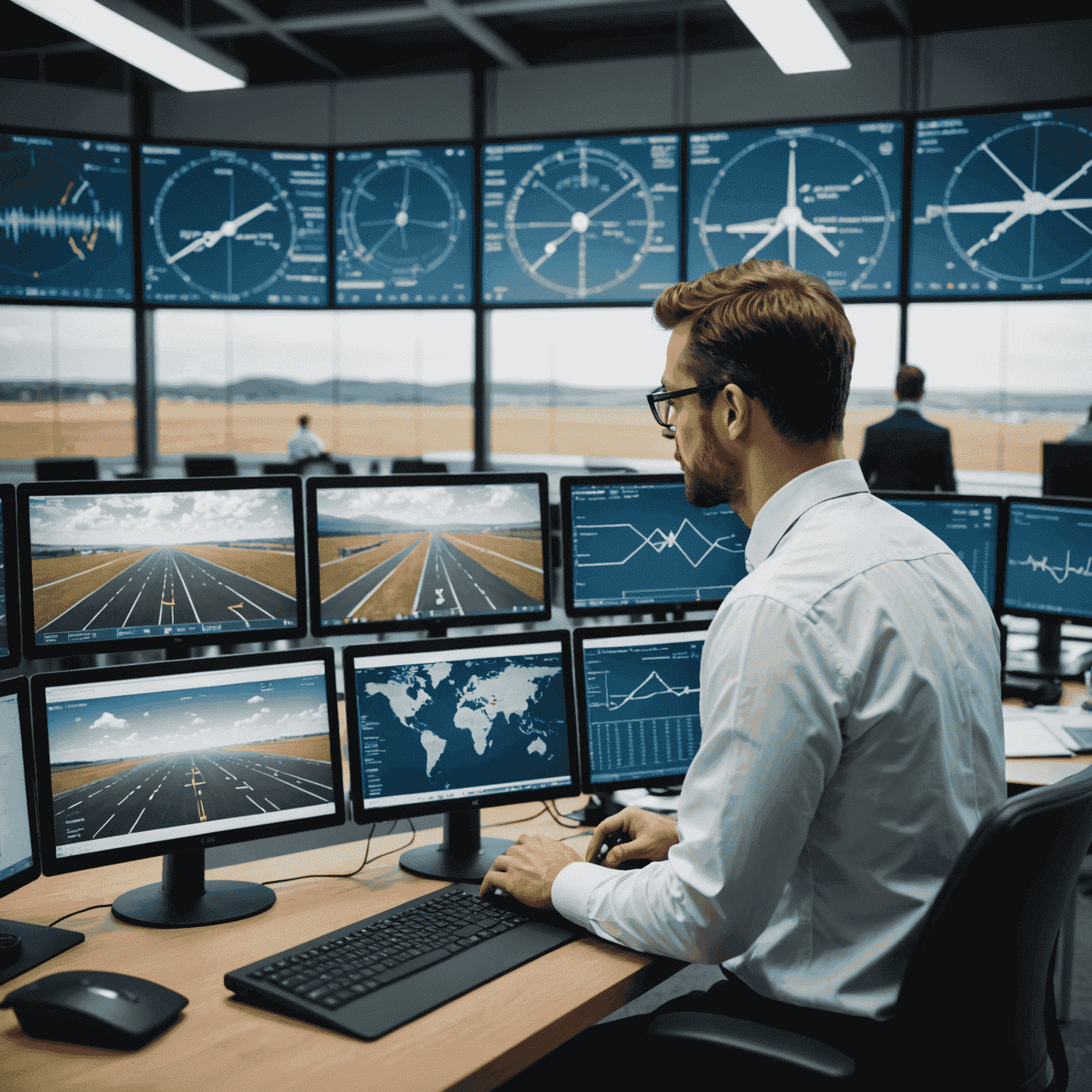 A risk management specialist analyzing data on multiple screens, with a model of an aerodrome in the foreground