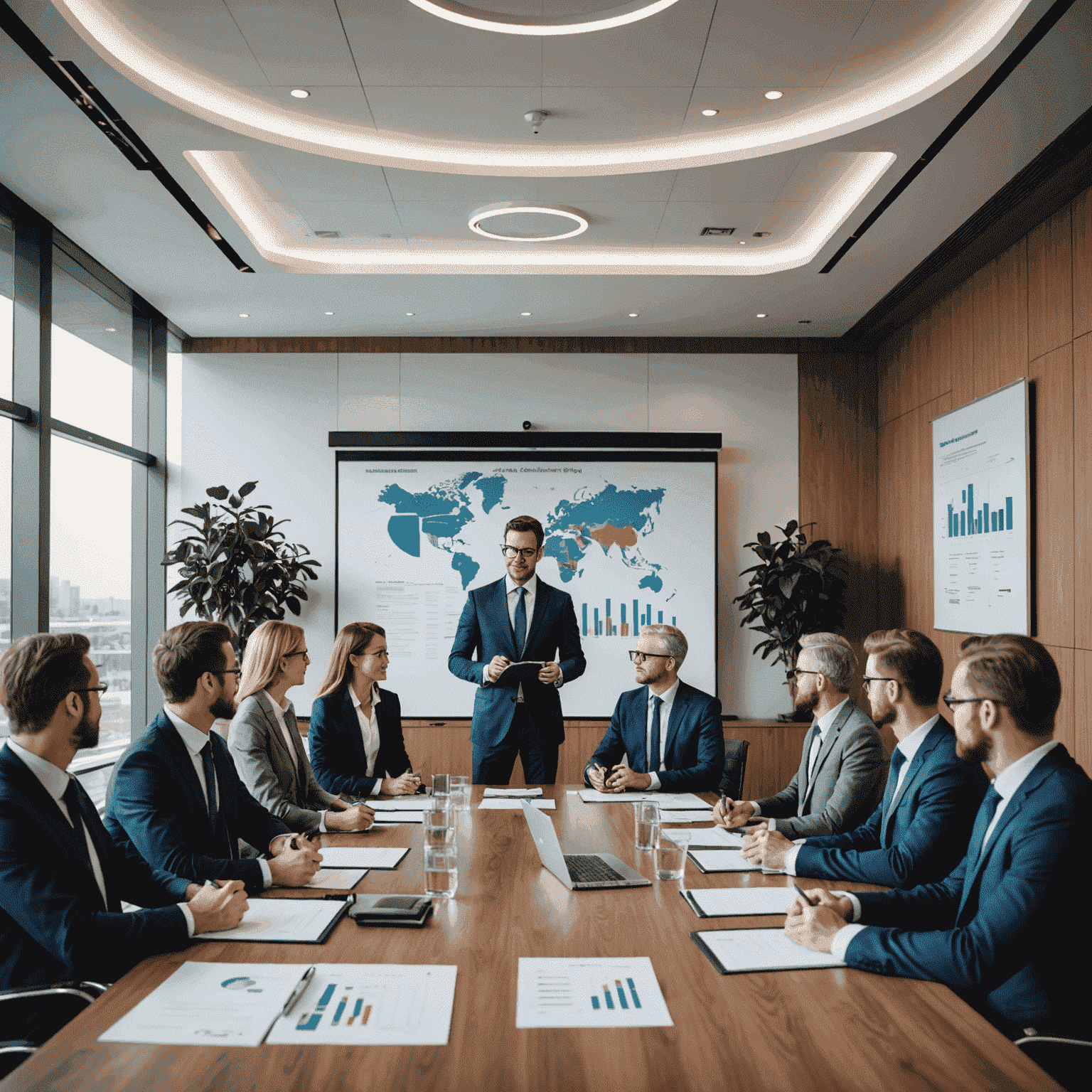 A team of consultants presenting a strategic plan for aerodrome financial optimization to a group of executives in a modern boardroom